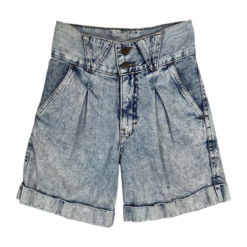 Vintage High Rise Pleated Denim‎ Shorts Size 24 Yoke Waist Acid Wash Distressed